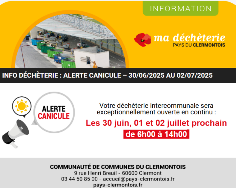 INFO DÉCHÈTERIE : ALERTE CANICULE – 30/06/2025 au 02/07/2025