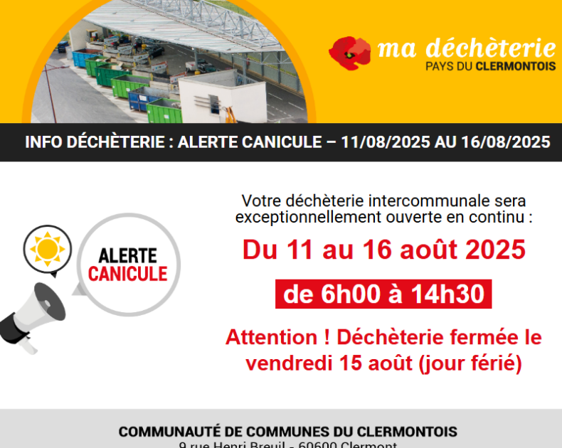 Modification des horaires de la déchèterie semaine du 11 au 16 Aout 2025